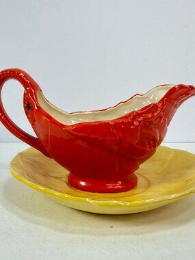 Vintage Maruhon Ware Lobster Ceramic Gravy Boat w/ Saucer Japan